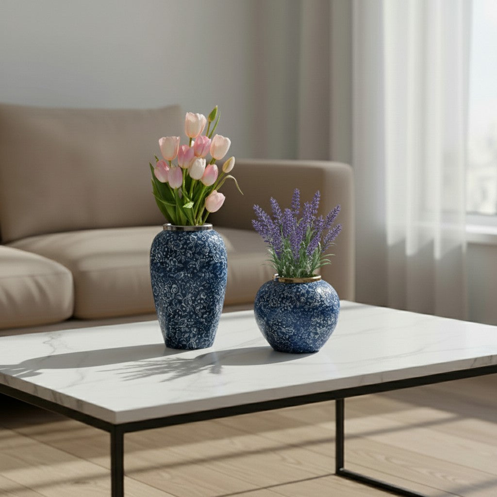 SOGA Home & Living Bundle – Blue with White Mini Floral Ceramic Vases for Elegant Home Decor