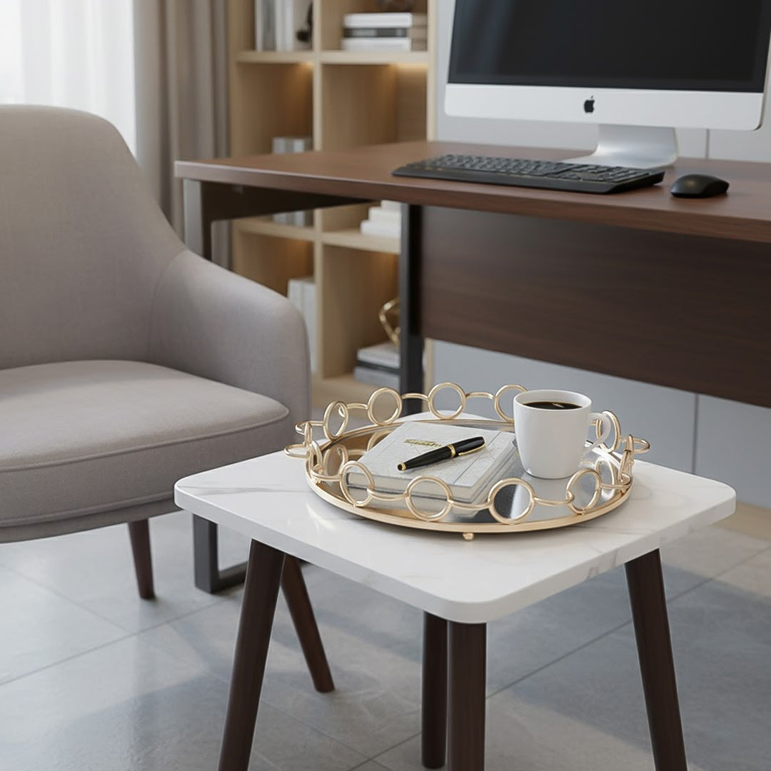 SOGA Home & Living Bundle – White Ceramic Table & Bronze Round Mirror Tray Organizer