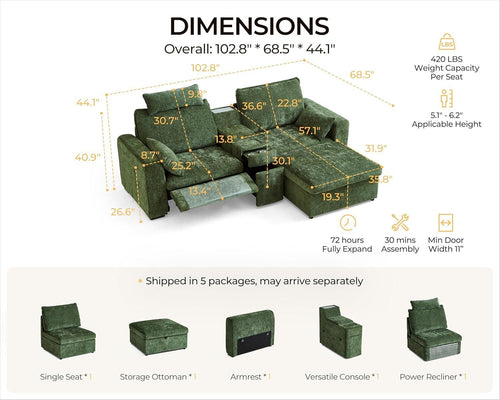 102.8 Inch White Power Recliner Sofa With Headrest And USB Charging Storage Ottoman