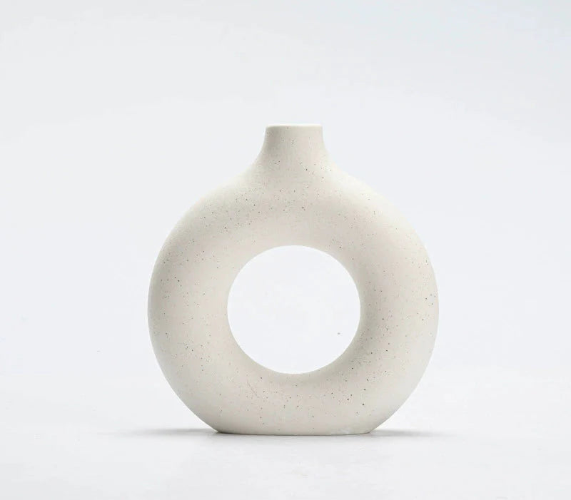 Modern Nordic Circle Ceramic Vase – Minimalist Hollow Sculpture Vessels for Home Decor