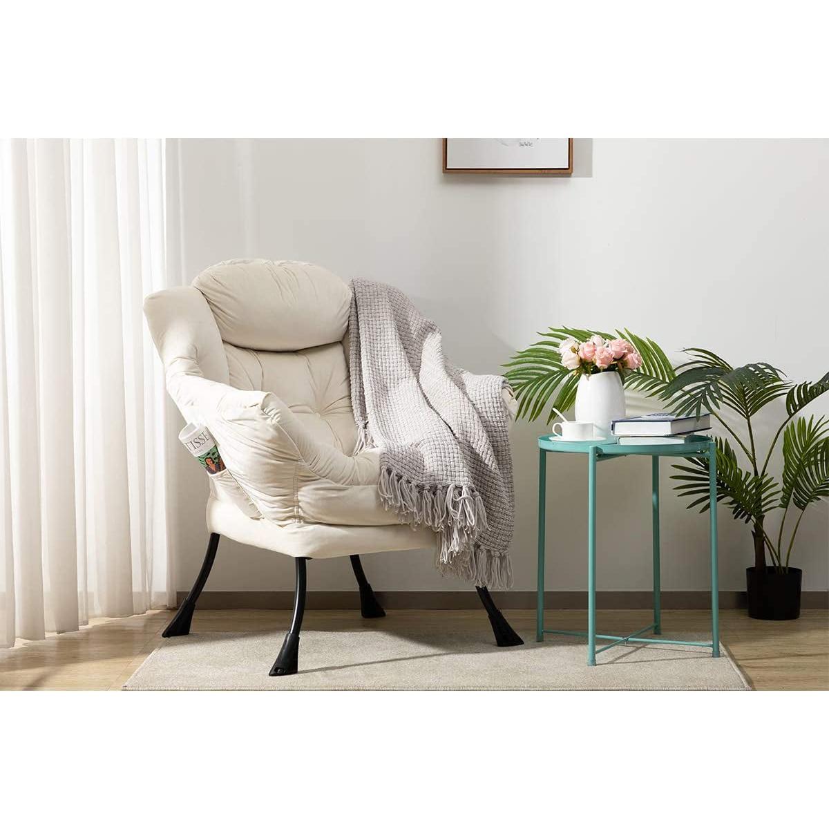 Beige Lounge Chair With Armrests And Pocket For Living Room