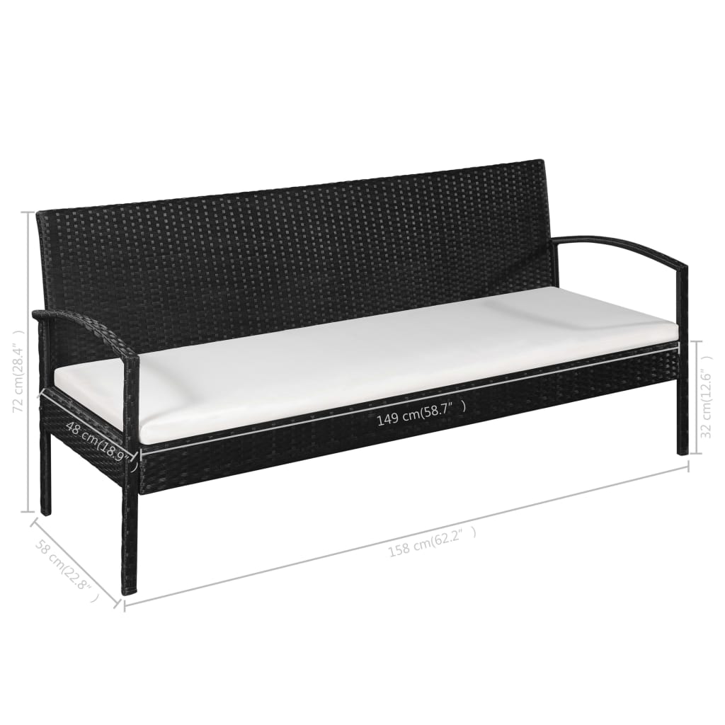 vidaXL 3 Seater Sofa Patio Deck Outdoor Wicker Couch with Cushions PE Rattan