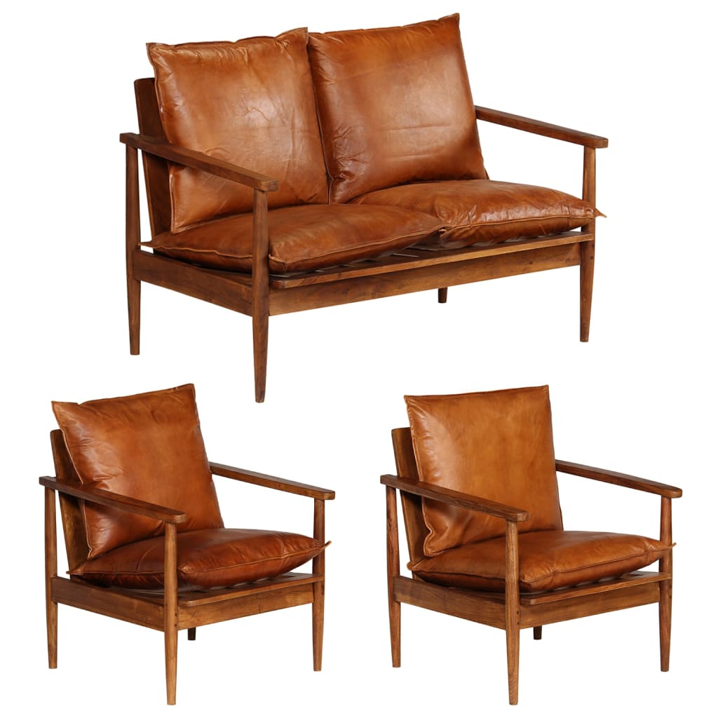 NNEVL 3 Piece Sofa Set Real Leather with Solid Wood Acacia Brown