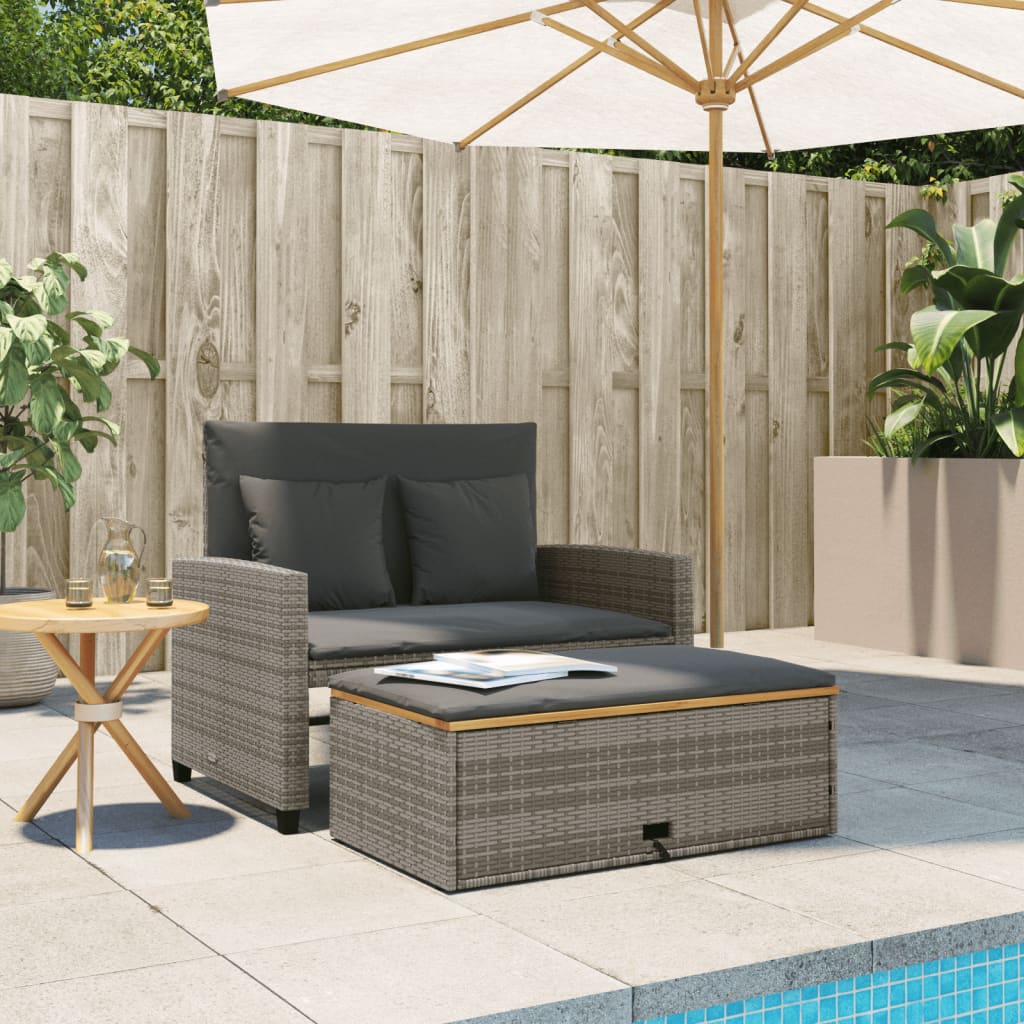 vidaXL Patio Sofa with Cushions 2-Seater Gray Poly Rattan&Acacia Wood