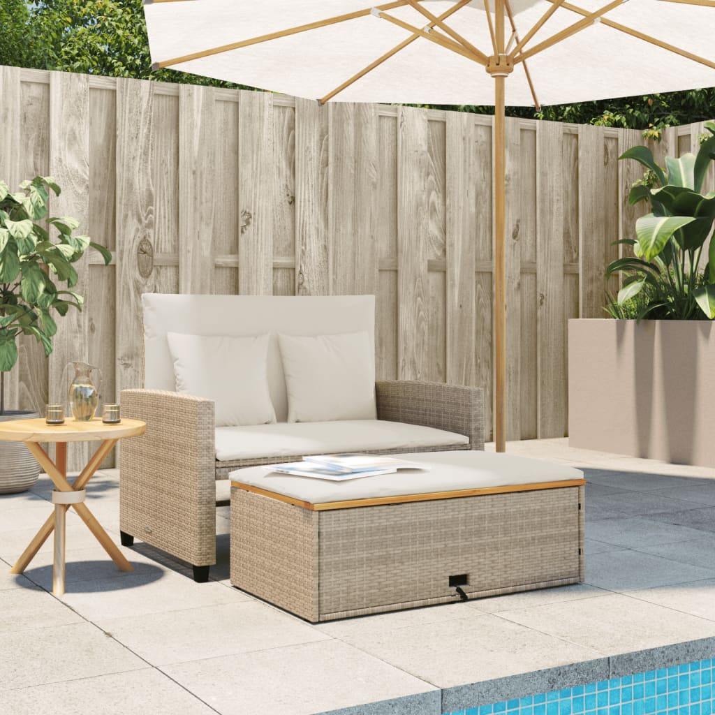 vidaXL Patio Sofa with Cushions 2-Seater Beige Poly Rattan&Acacia Wood