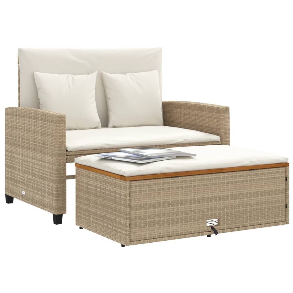 vidaXL Patio Sofa with Cushions 2-Seater Beige Poly Rattan&Acacia Wood