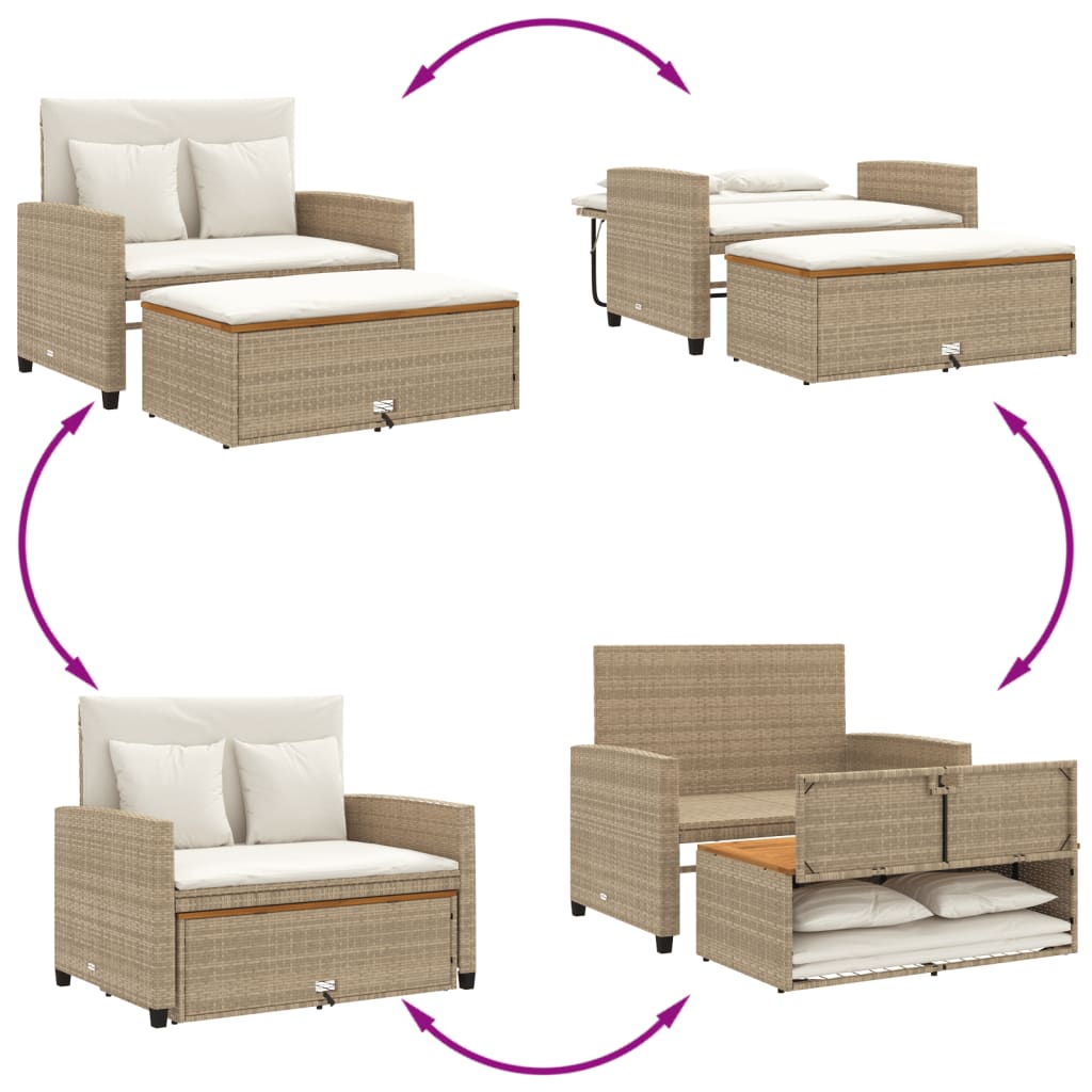 vidaXL Patio Sofa with Cushions 2-Seater Beige Poly Rattan&Acacia Wood