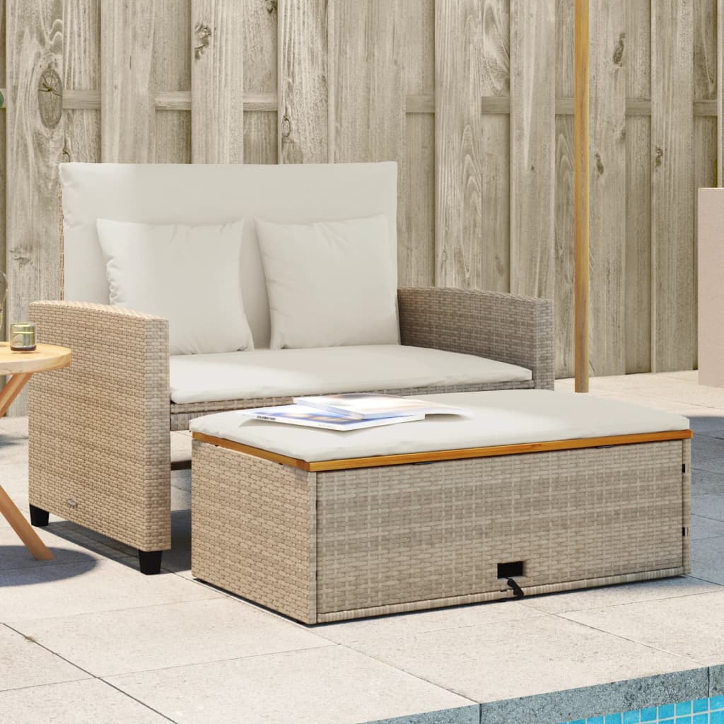 vidaXL Patio Sofa with Cushions 2-Seater Beige Poly Rattan&Acacia Wood