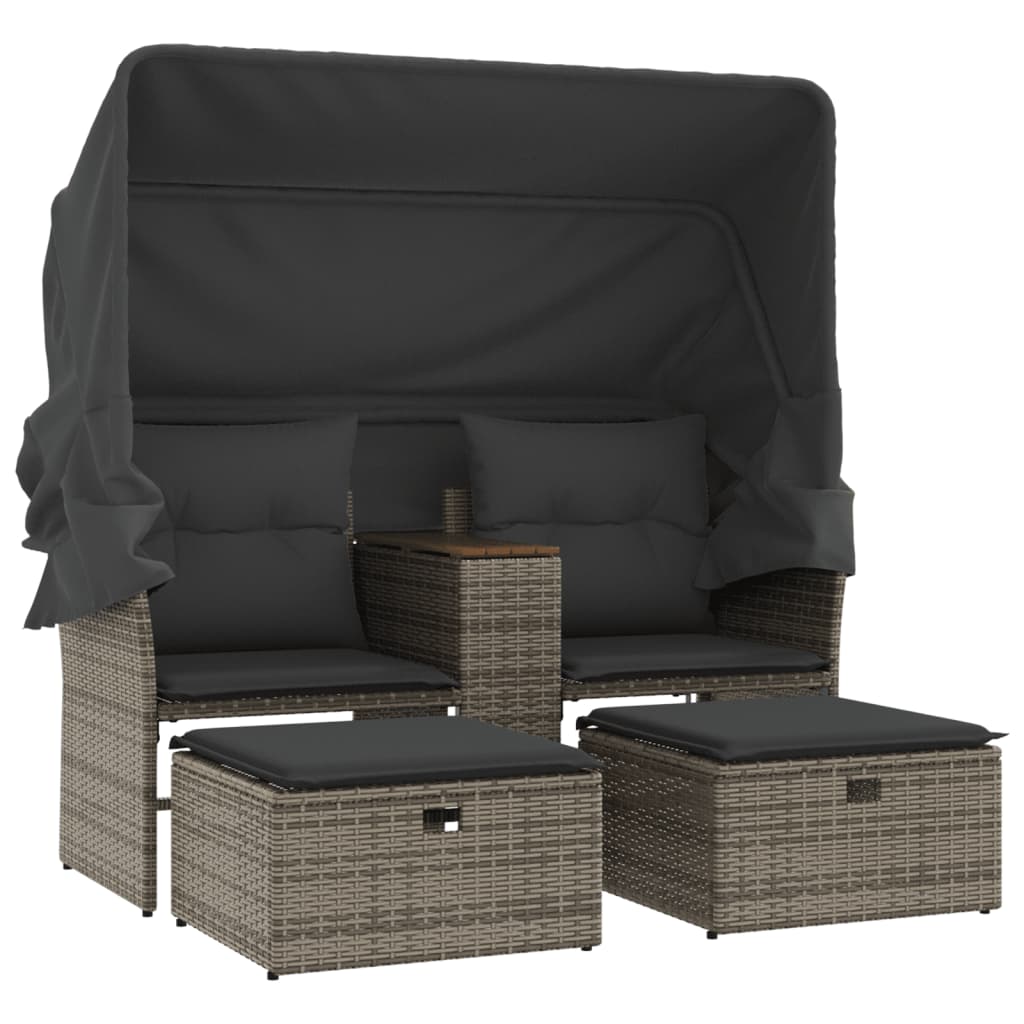 NNEVL Garden Sofa 2-Seater with Canopy and Stools Grey Poly Rattan
