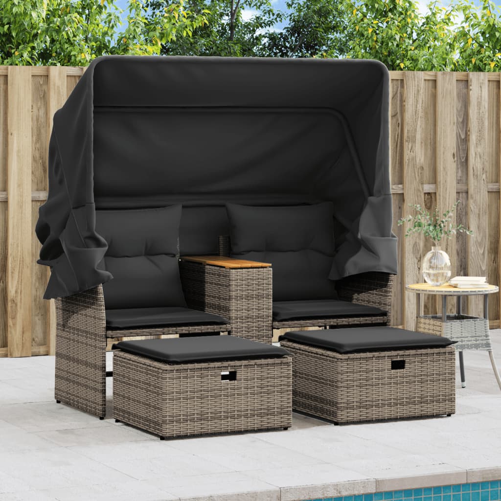 NNEVL Garden Sofa 2-Seater with Canopy and Stools Grey Poly Rattan