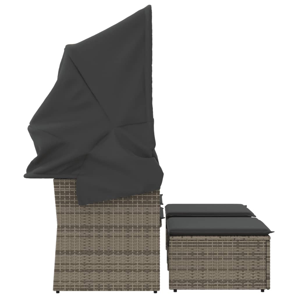 NNEVL Garden Sofa 2-Seater with Canopy and Stools Grey Poly Rattan