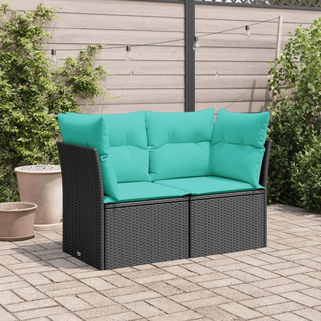 vidaXL Patio Sofa with Cushions 2-Seater Black Poly Rattan