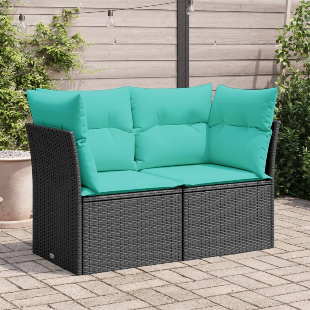 vidaXL Patio Sofa with Cushions 2-Seater Black Poly Rattan