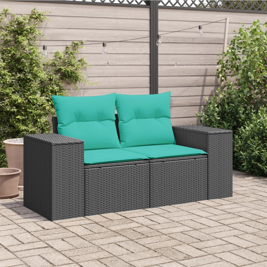 vidaXL Patio Sofa with Cushions 2-Seater Black Poly Rattan