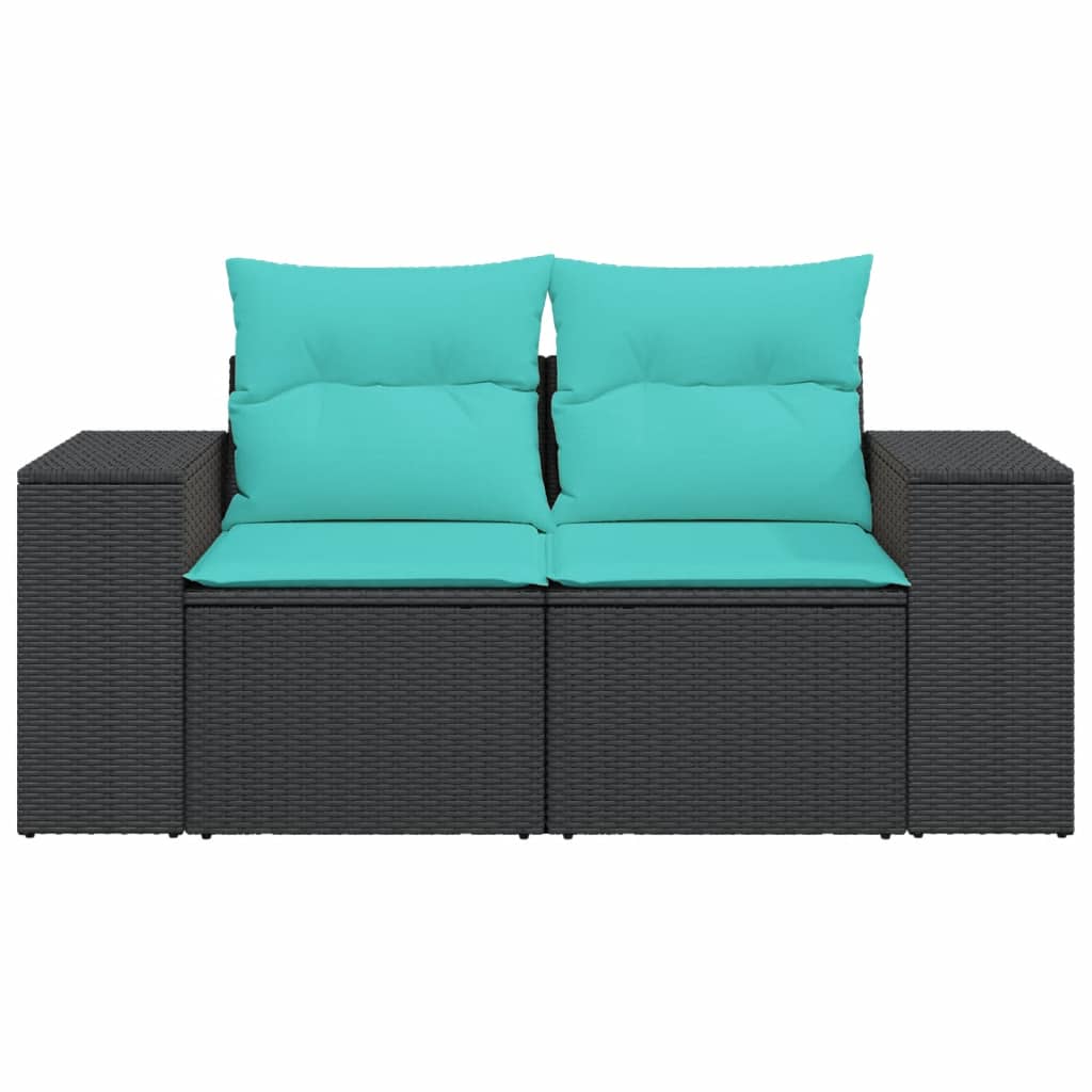vidaXL Patio Sofa with Cushions 2-Seater Black Poly Rattan