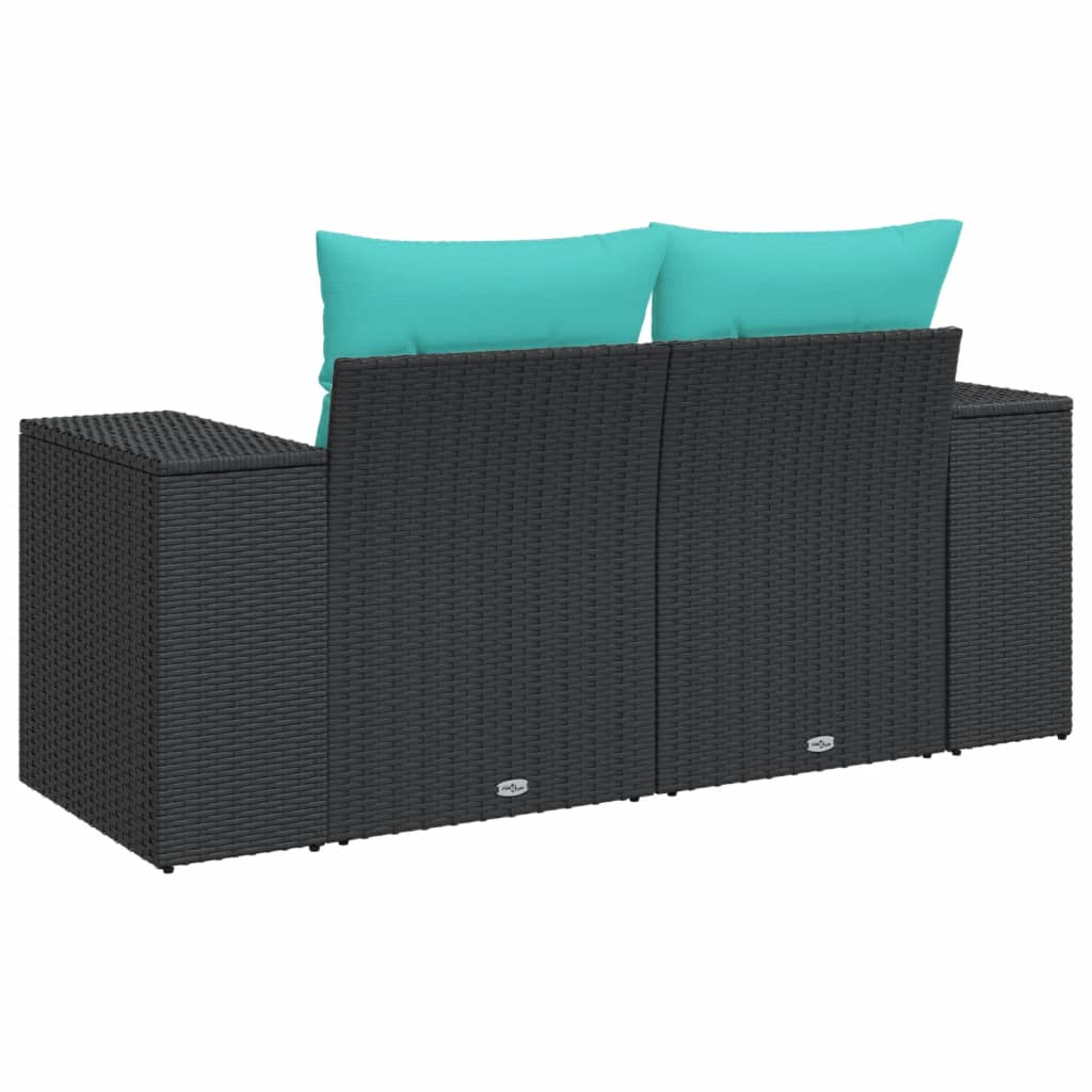 vidaXL Patio Sofa with Cushions 2-Seater Black Poly Rattan