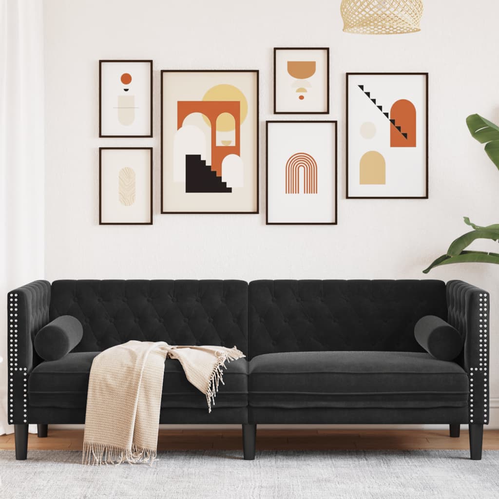 vidaXL Chesterfield Sofa with Bolsters 3-Seater Black Velvet