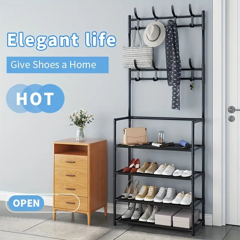 Multifunctional Free-Standing Coat and Shoe Rack Organizer with Storage Shelves and Hooks