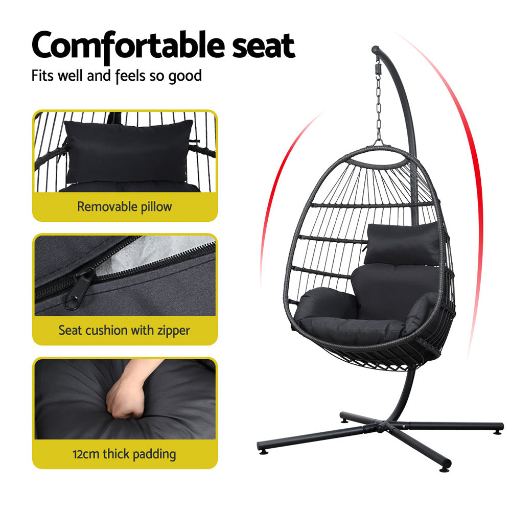NNEDSZ Gardeon Outdoor Egg Swing Chair Hanging Chair Wicker Rope Pod Stand Foldable Grey-3