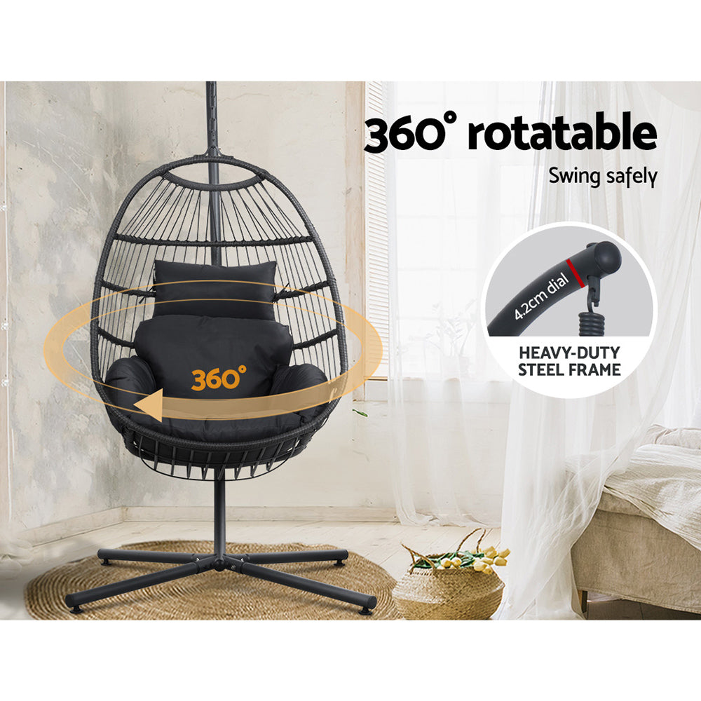NNEDSZ Gardeon Outdoor Egg Swing Chair Hanging Chair Wicker Rope Pod Stand Foldable Grey-4