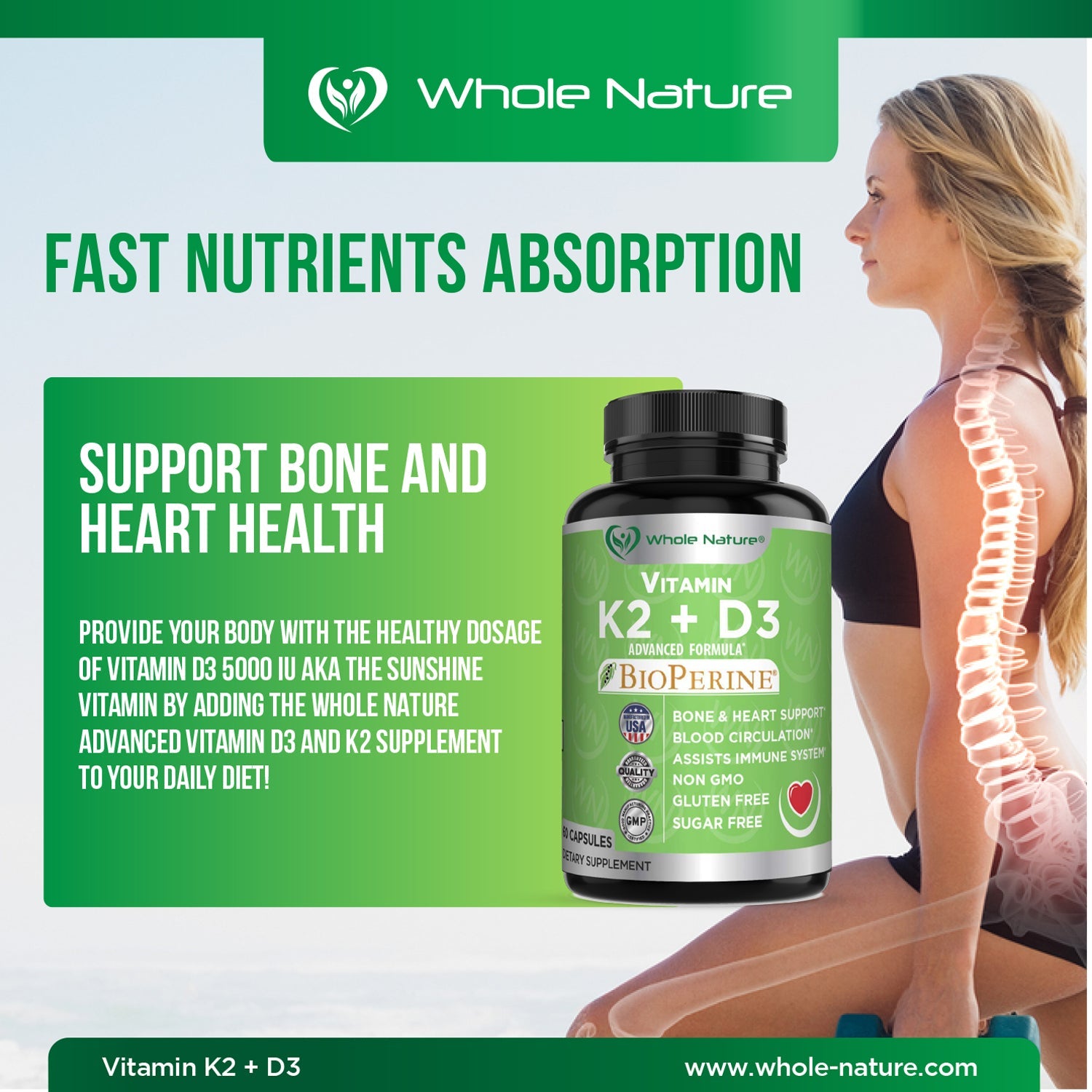 Whole Nature K2 (MK7)+D3 Plus Calcium