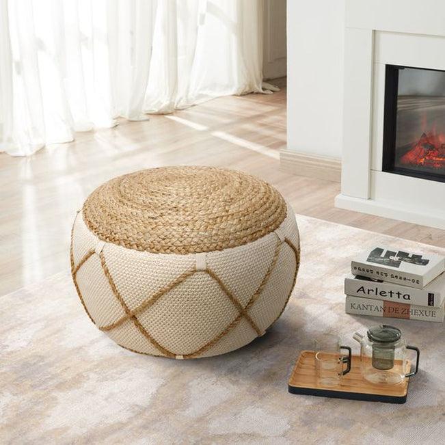 Canvello Home Santorini Cotton & Jute Pouf, Natural & Ivory
