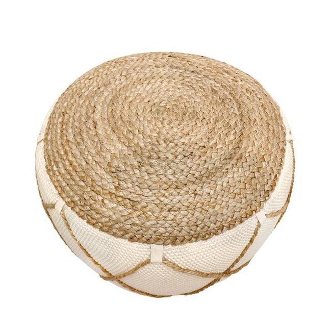 Canvello Home Santorini Cotton & Jute Pouf, Natural & Ivory