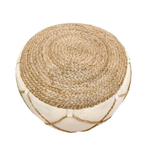 Canvello Home Santorini Cotton & Jute Pouf, Natural & Ivory