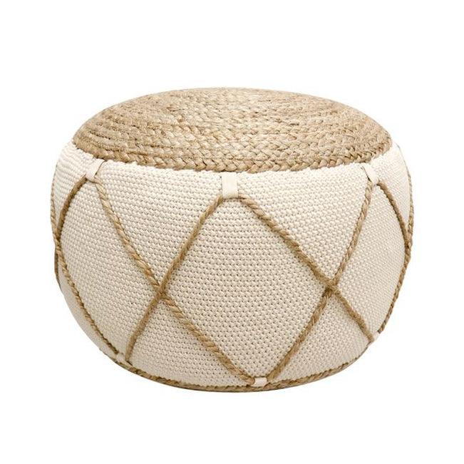 Canvello Home Santorini Cotton & Jute Pouf, Natural & Ivory