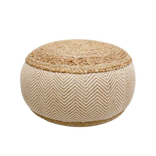 Canvello Home Santorini Cotton & Jute Pouf, Natural/Ivory