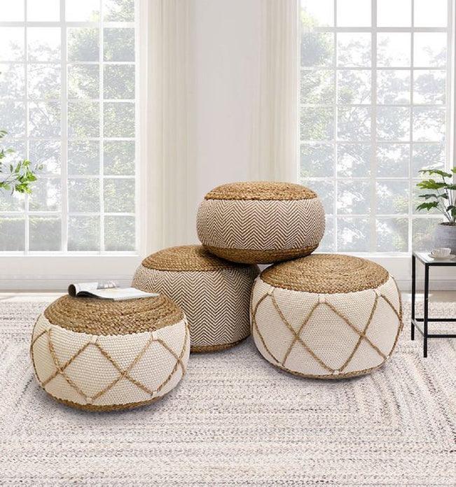 Canvello Home Santorini Cotton & Jute Pouf, Natural/Ivory