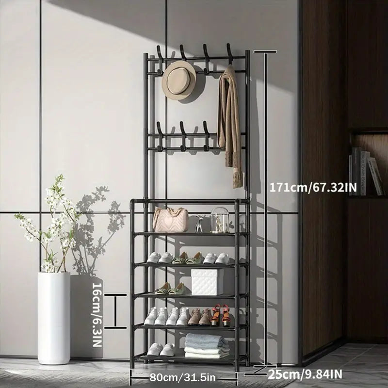 Multifunctional Free-Standing Coat and Shoe Rack Organizer with Storage Shelves and Hooks