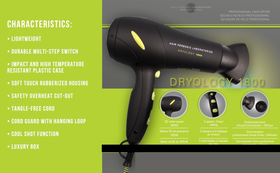 Sèche-cheveux professionnel Noir 1875W Swith multi-étapes 2 concentrateurs ioniques